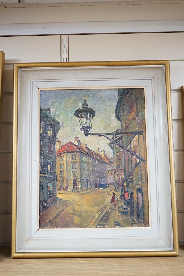 20th century, English School, oil on canvas, Street scene with figures, unsigned, 44 x 34cm. Condition - fair to good